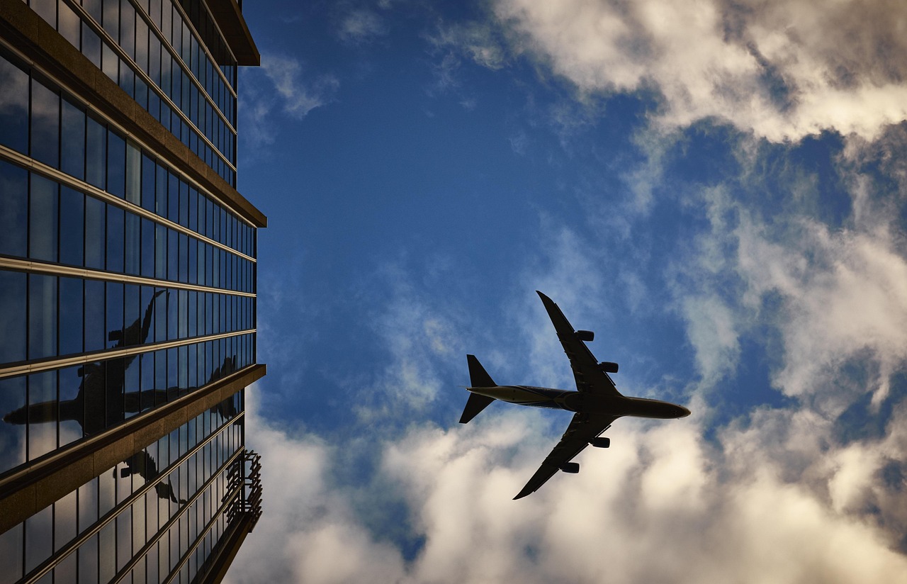 Airplane wing over sunset and skyline with traveler